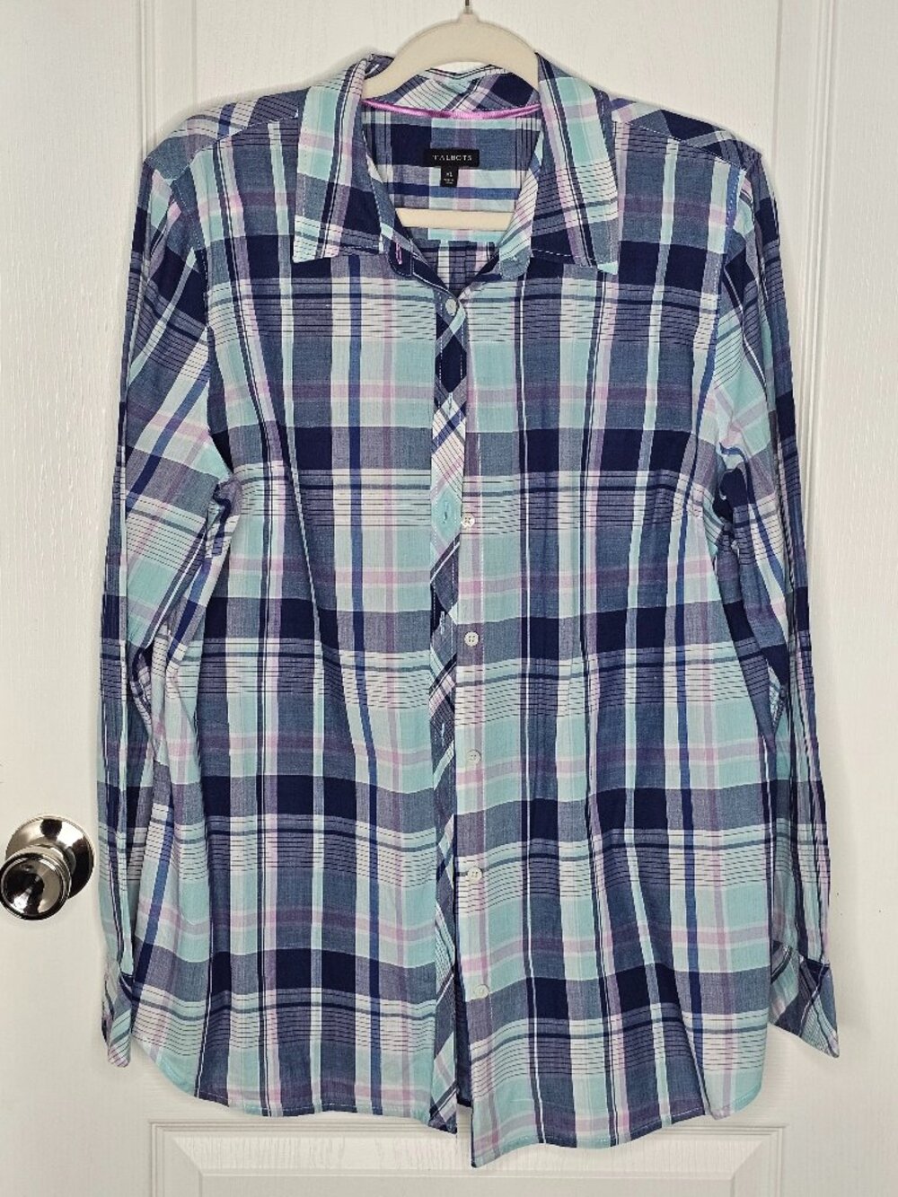 Talbots Plaid Button Down Shirt Blue Mint Pink Cotton XL